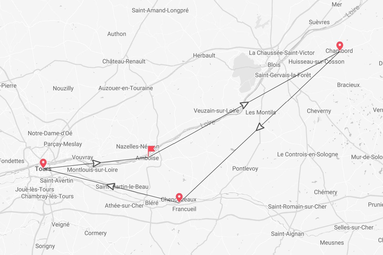 Une carte d'un itinéraire de voyage dans la Vallée de la Loire en France, avec des arrêts marqués à Tours, Amboise, Chenonceaux et Chambord.
