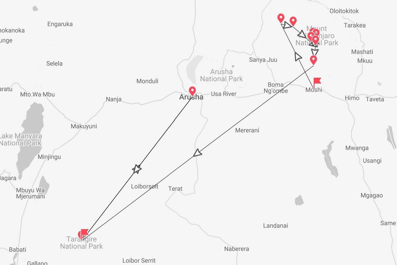 Une carte d'itinéraire de voyage en Tanzanie reliant le Parc National de Tarangire, Arusha et le Parc National du Mont Kilimandjaro.