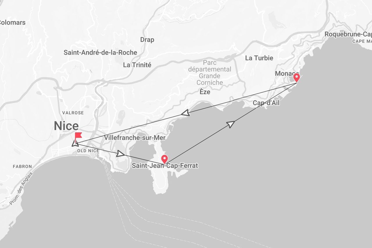 Une carte de la Côte d'Azur indiquant un itinéraire de voyage reliant Nice, Saint-Jean-Cap-Ferrat et Monaco.