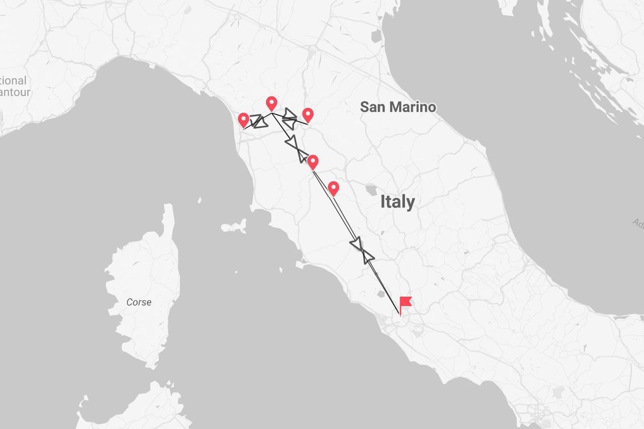 Une carte d'Italie montrant un itinéraire de voyage à travers la région centrale, jalonné d'épingles rouges et d'une ligne noire reliant les étapes.