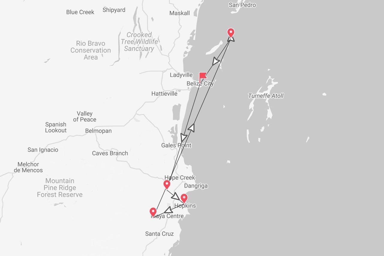Une carte montrant un itinéraire de voyage au Belize, avec un parcours reliant les points de Maya Centre et Hopkins à Belize City.