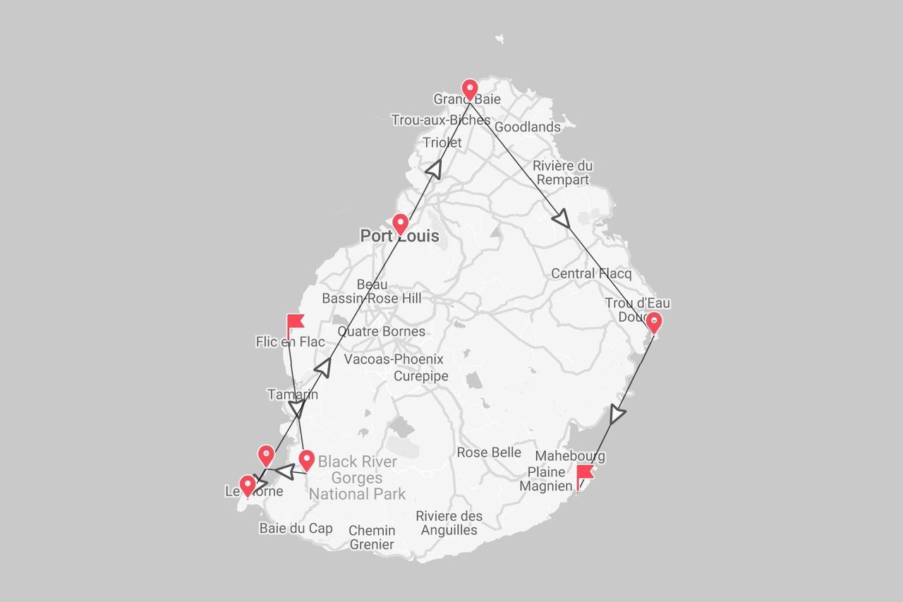 Une carte de l'île Maurice présentant un itinéraire de circuit reliant Port Louis, Grand Baie, Le Morne et Trou d'Eau Douce.