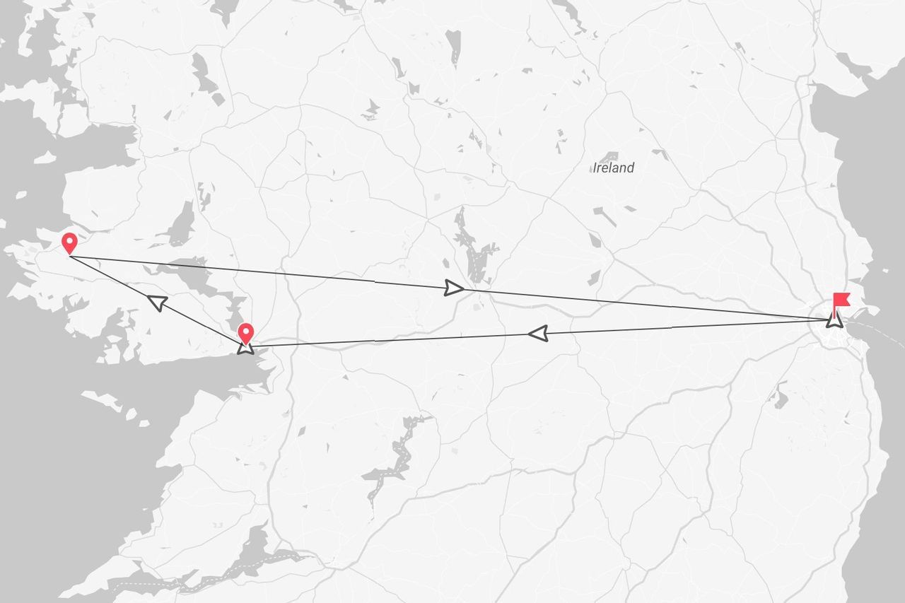 Une carte de l'Irlande montrant un itinéraire de voyage avec des marqueurs rouges reliant les côtes est et ouest.