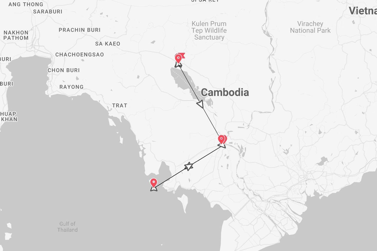 Mapa de un itinerario de viaje por Camboya, con puntos clave desde la costa hacia el norte.