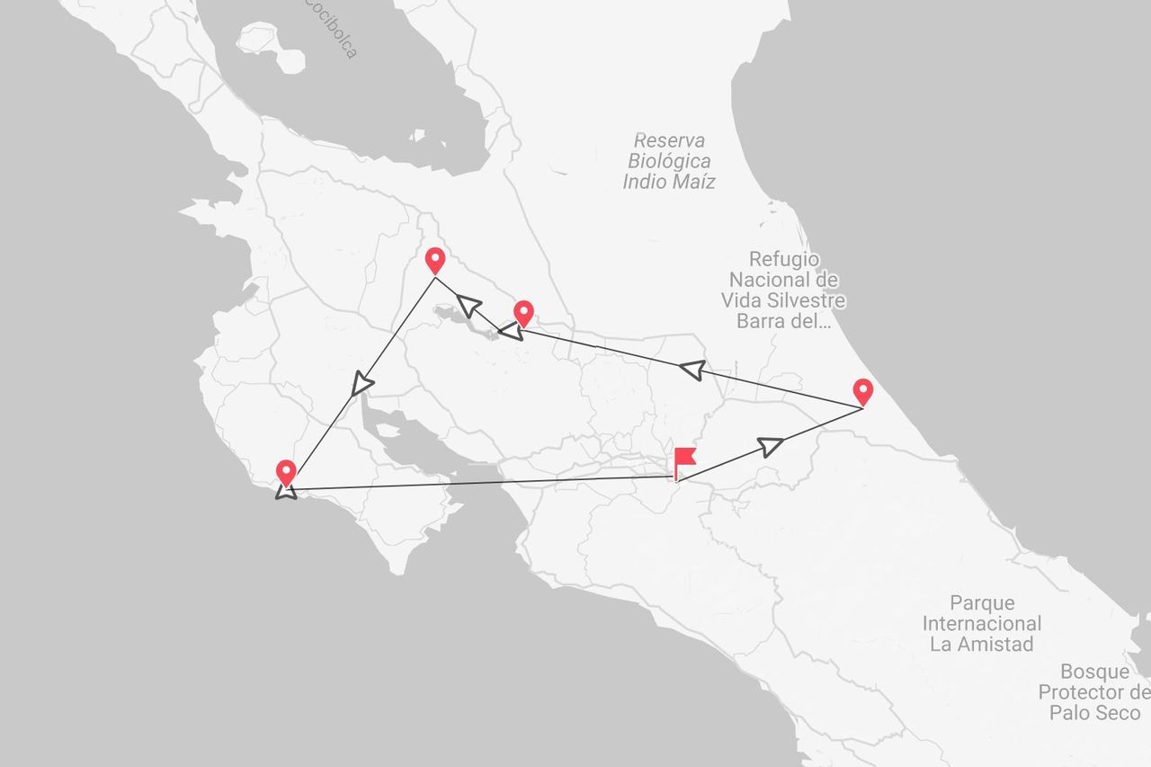 Mapa minimalista de un itinerario de viaje por Costa Rica, mostrando una ruta con marcadores que conectan varias ubicaciones cercanas a parques nacionales.