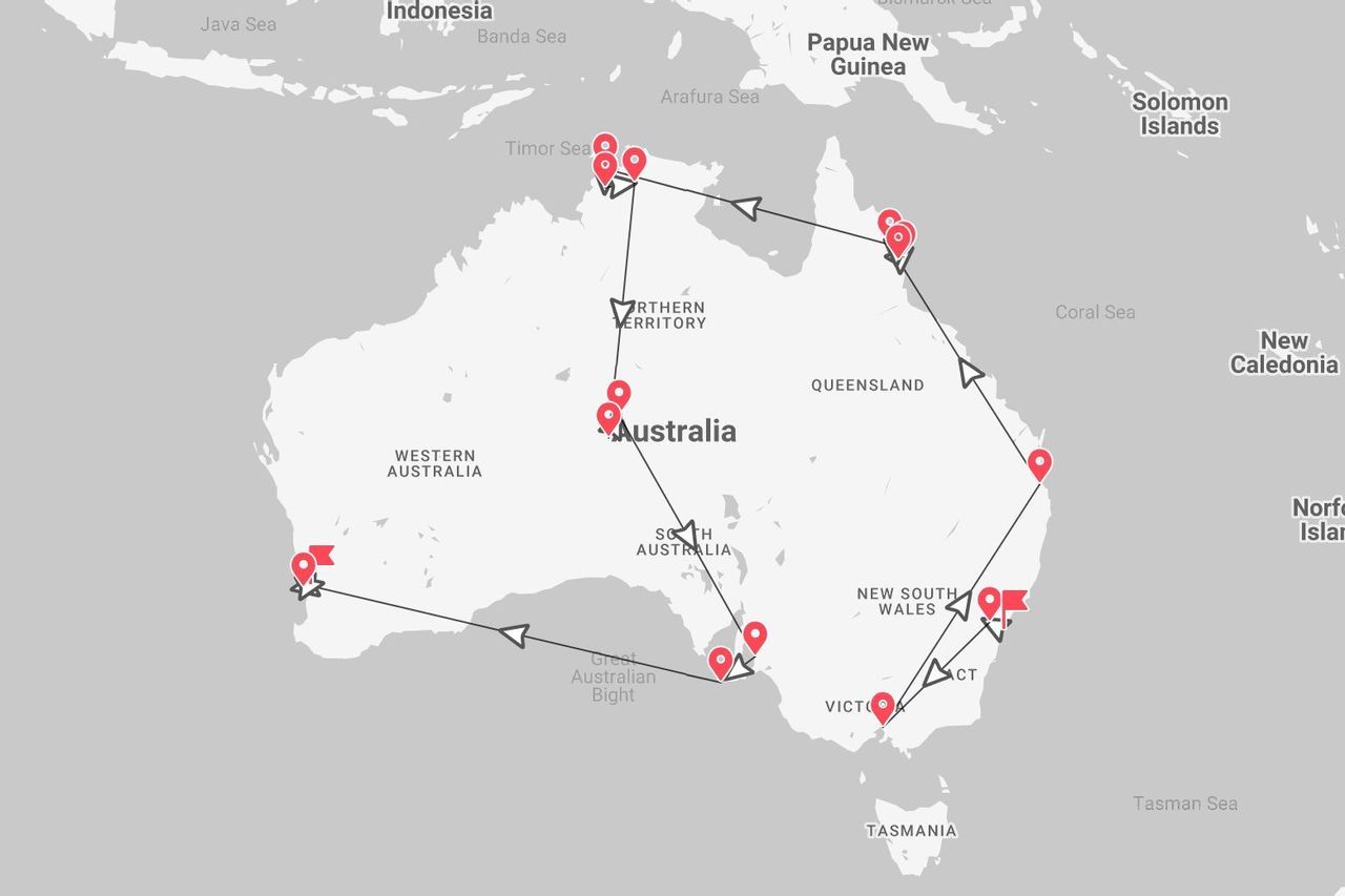 Un mapa de Australia con un itinerario de viaje trazado conectando varios puntos a lo largo del continente.