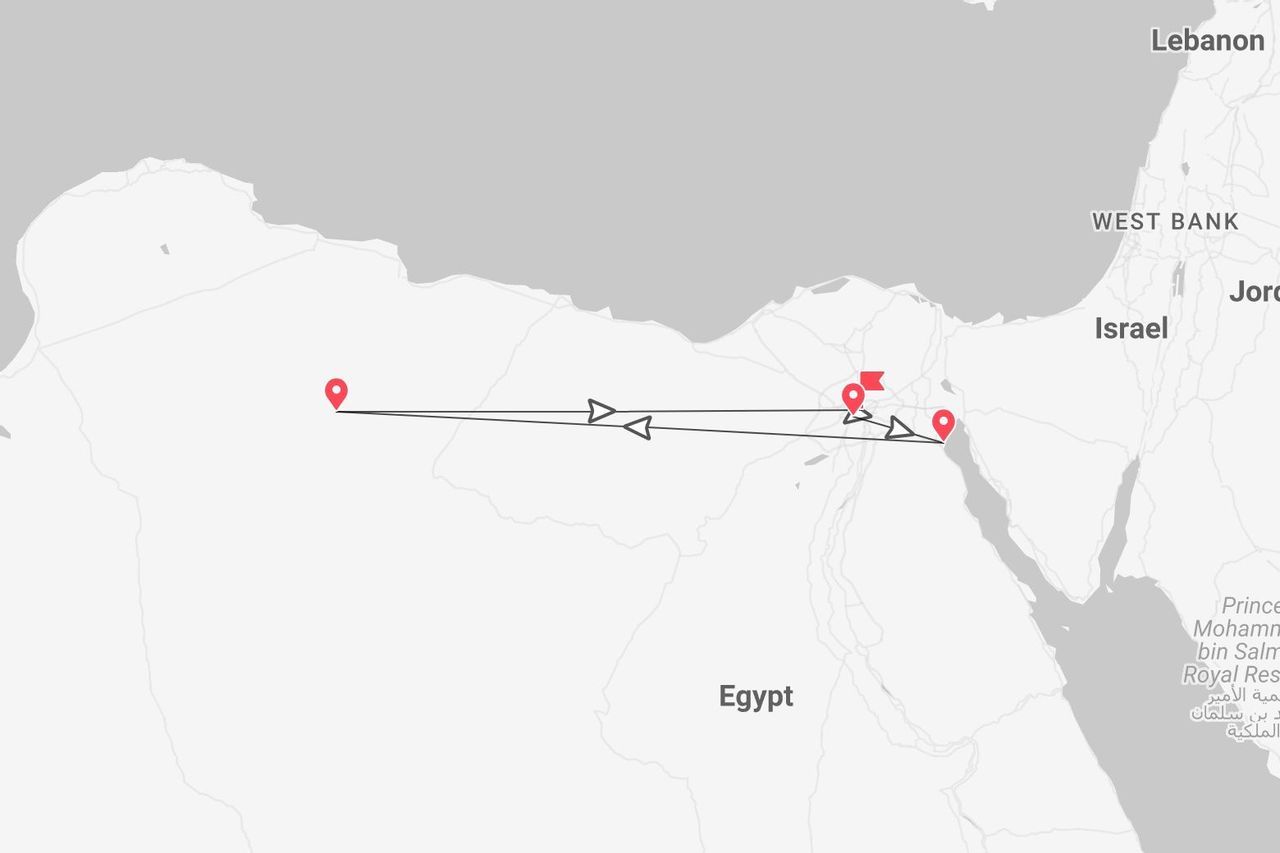 Un mapa que muestra un itinerario de viaje con puntos clave y una ruta que cruza de Egipto a Israel.