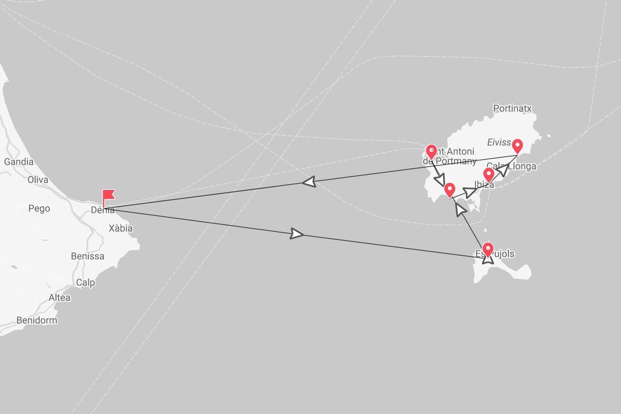 Mapa de itinerario de viaje de Dénia en la costa española a las islas de Ibiza y Formentera, con paradas indicadas.