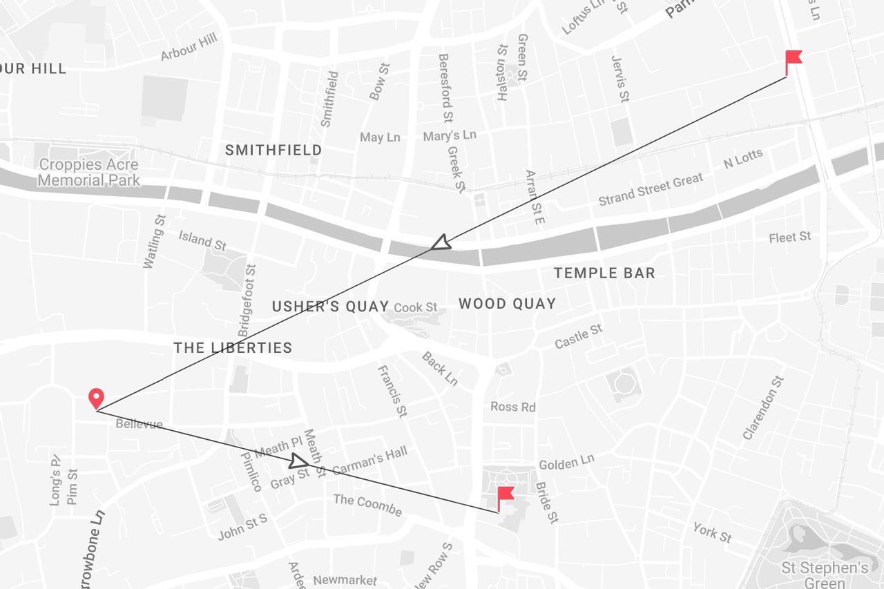 Un mapa callejero de Dublín que muestra una ruta planificada a través de los barrios de Temple Bar, Smithfield y The Liberties.