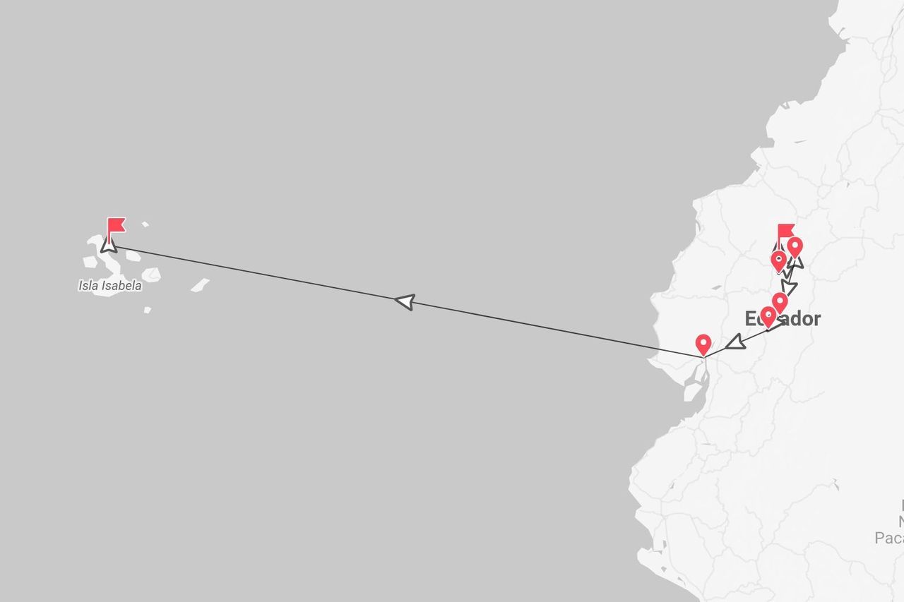 Un mapa que muestra un itinerario de viaje con chinchetas rojas, comenzando en la costa de Ecuador y terminando en la Isla Isabela.