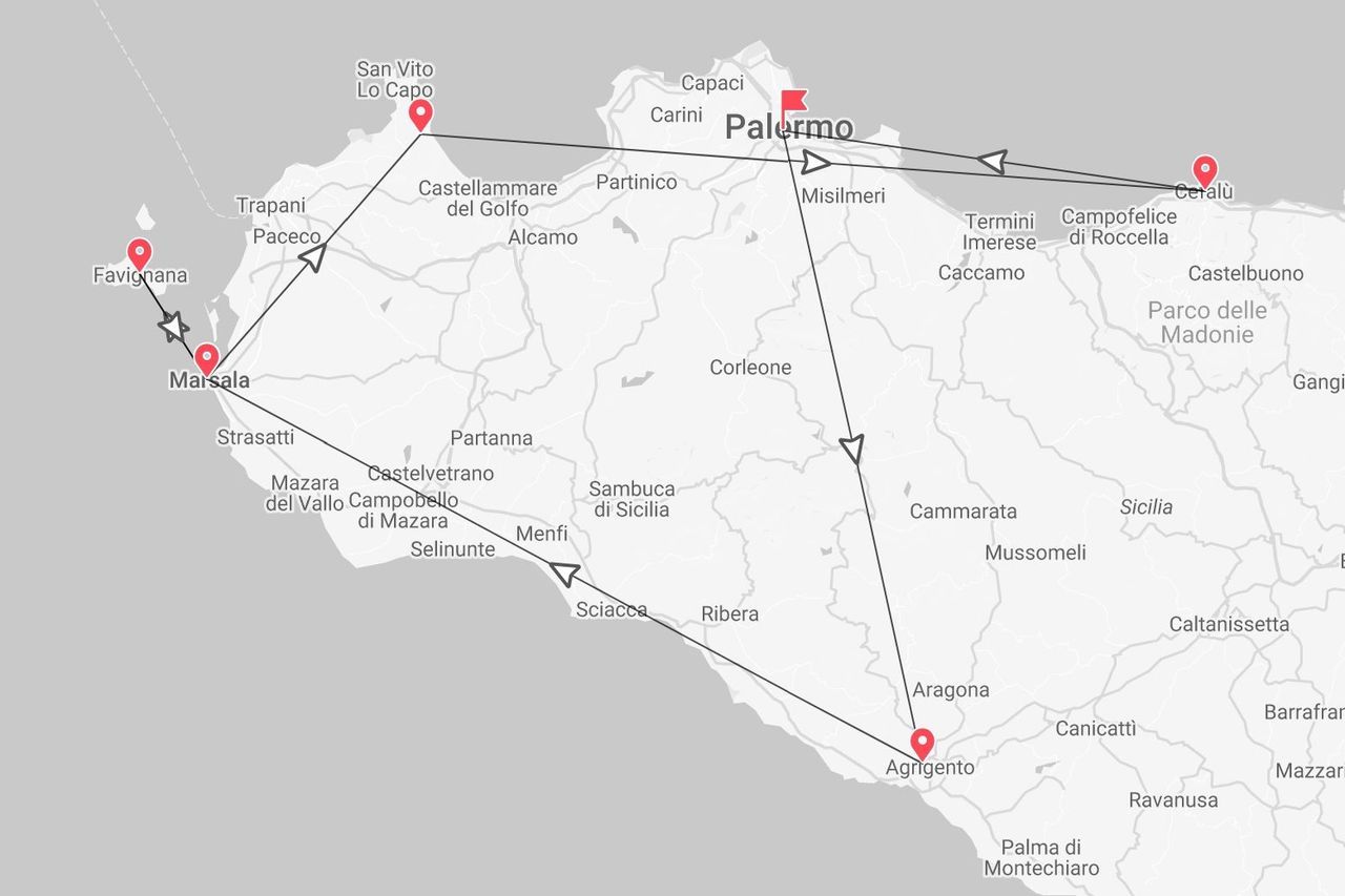 Un mapa de viaje del oeste de Sicilia que muestra una ruta conectando Palermo, Cefalú, Agrigento, Marsala y San Vito Lo Capo.