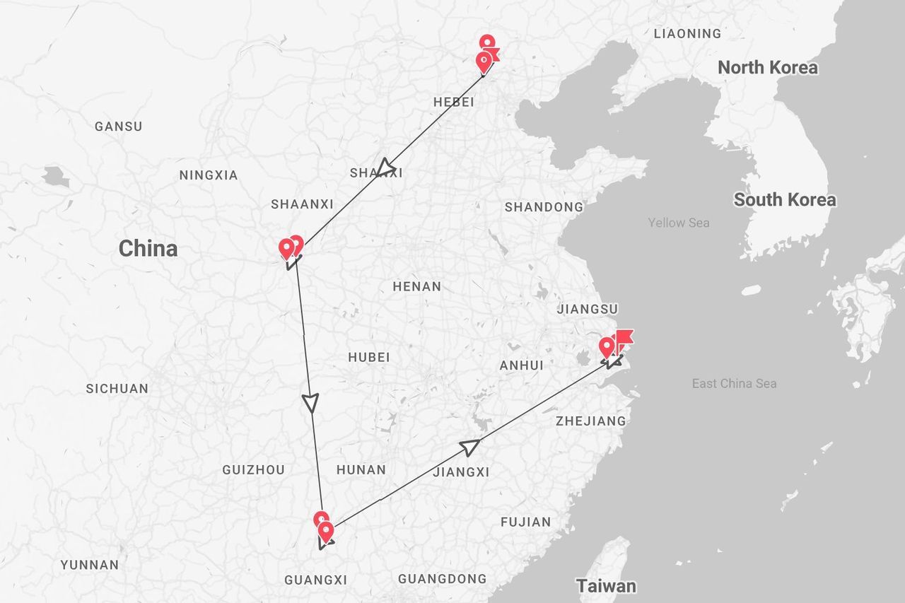 Un mapa de un itinerario de viaje por China, con una ruta que conecta las provincias de Hebei, Shaanxi, Guangxi y Jiangsu.