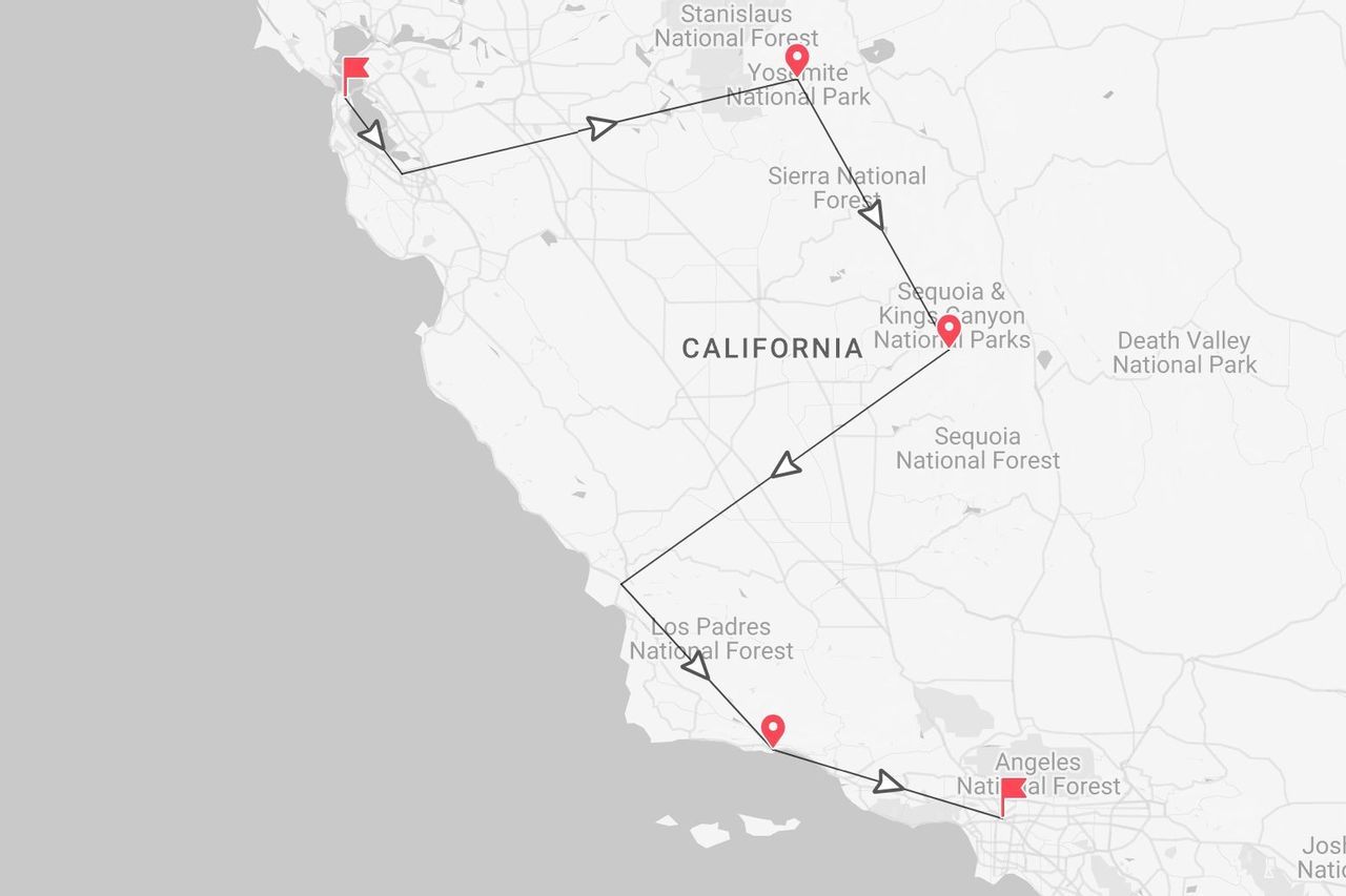 Mapa de California con un itinerario de viaje por los Parques Nacionales Yosemite, Sequoia y Kings Canyon.