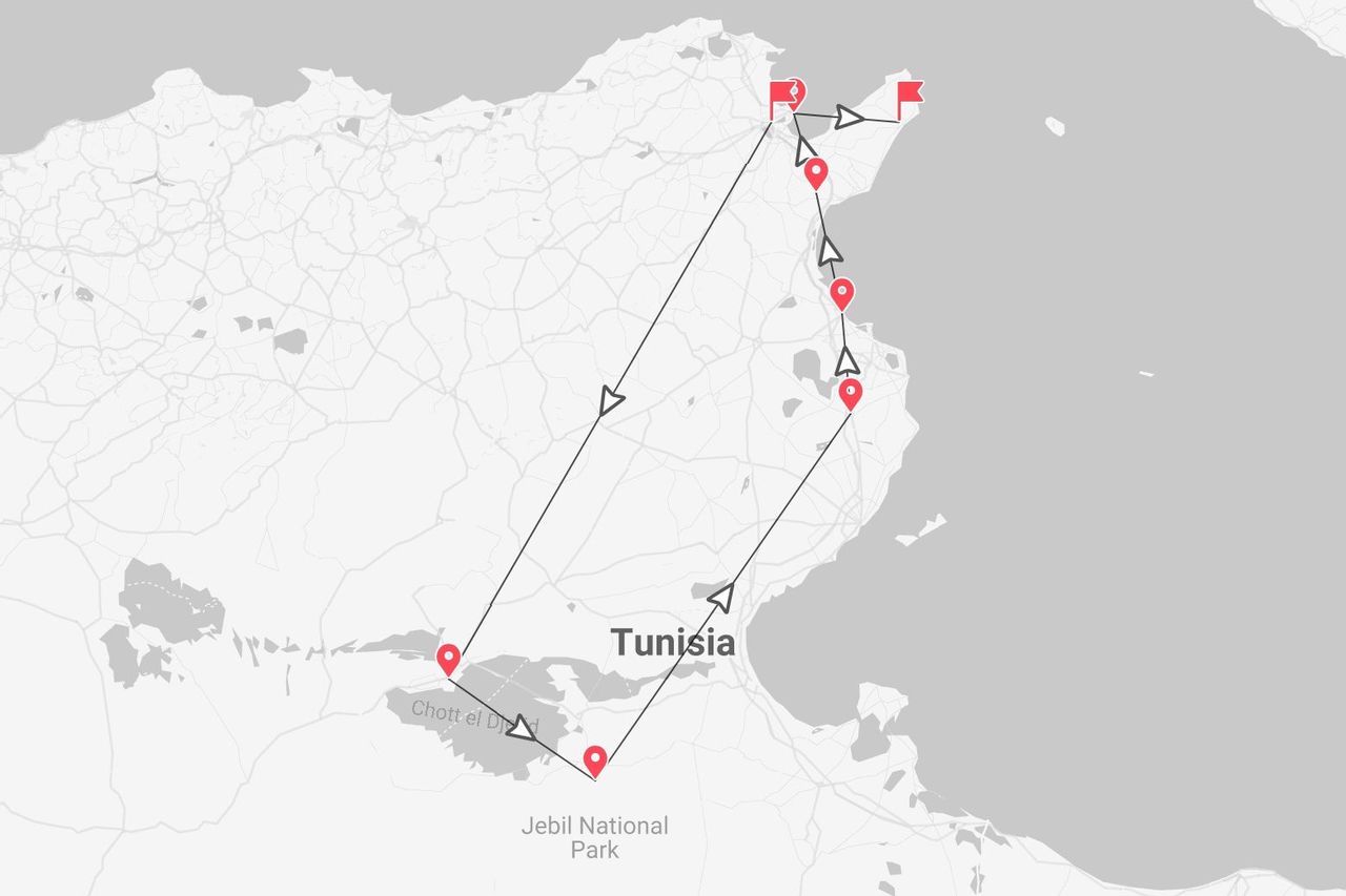 Un mapa minimalista de Túnez con un itinerario de viaje marcado con una línea negra y alfileres rojos, que comienza en la costa norte y se dirige hacia el sur.