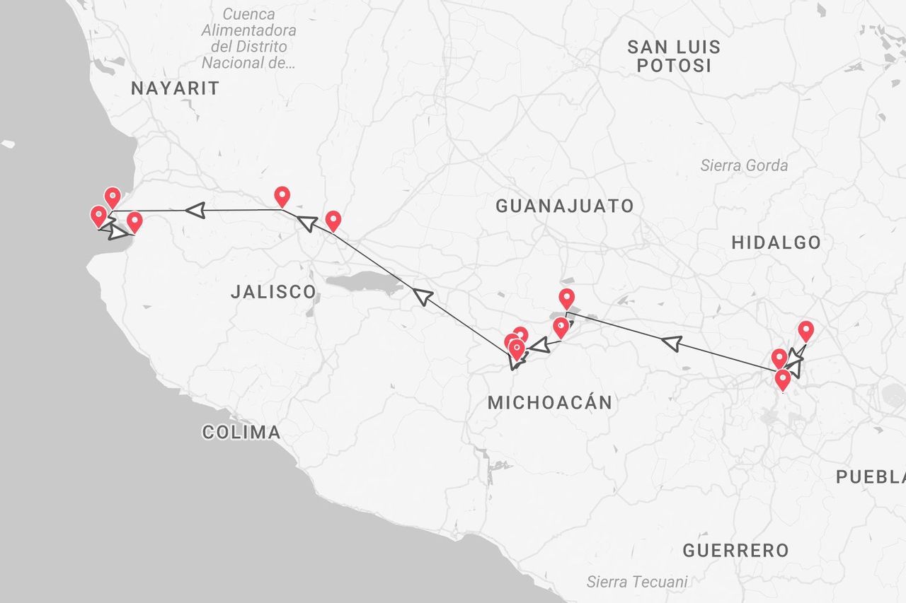 Un mapa del centro de México mostrando una ruta de viaje a través de los estados de Nayarit, Jalisco, Michoacán e Hidalgo.