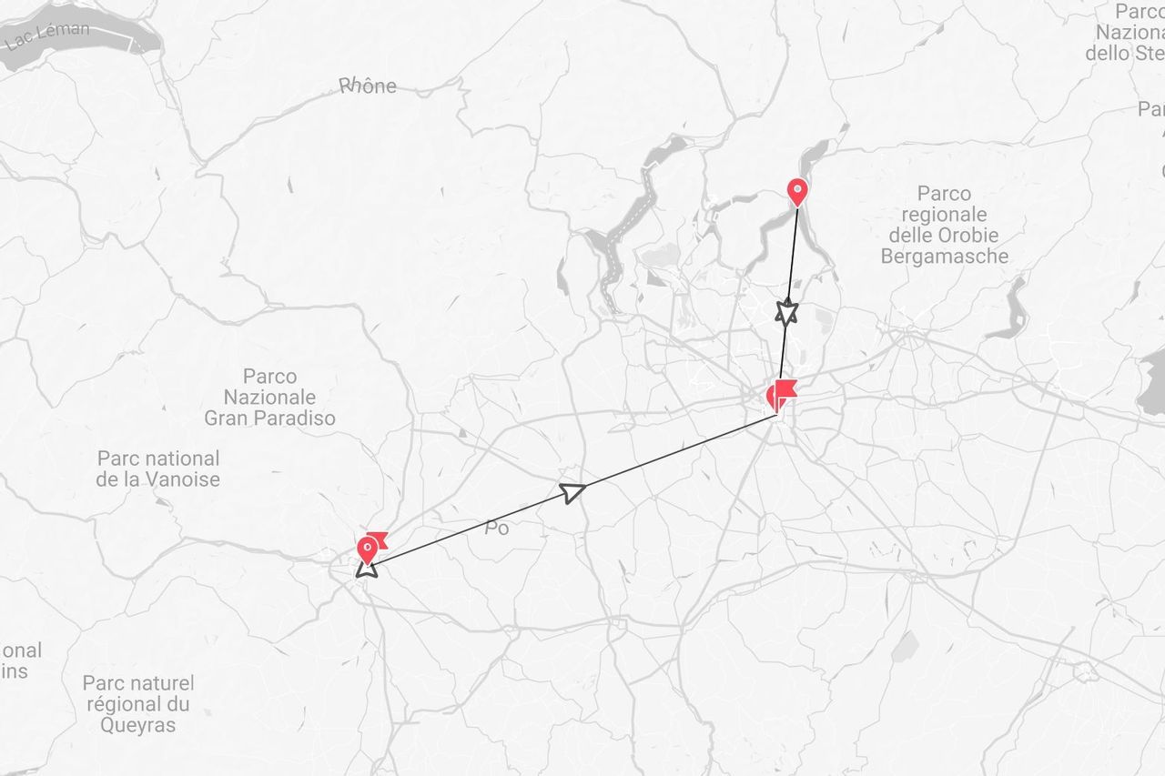 Un mapa estilizado del Norte de Italia trazando un itinerario de viaje cerca del Parque Nacional Gran Paradiso y el río Po.