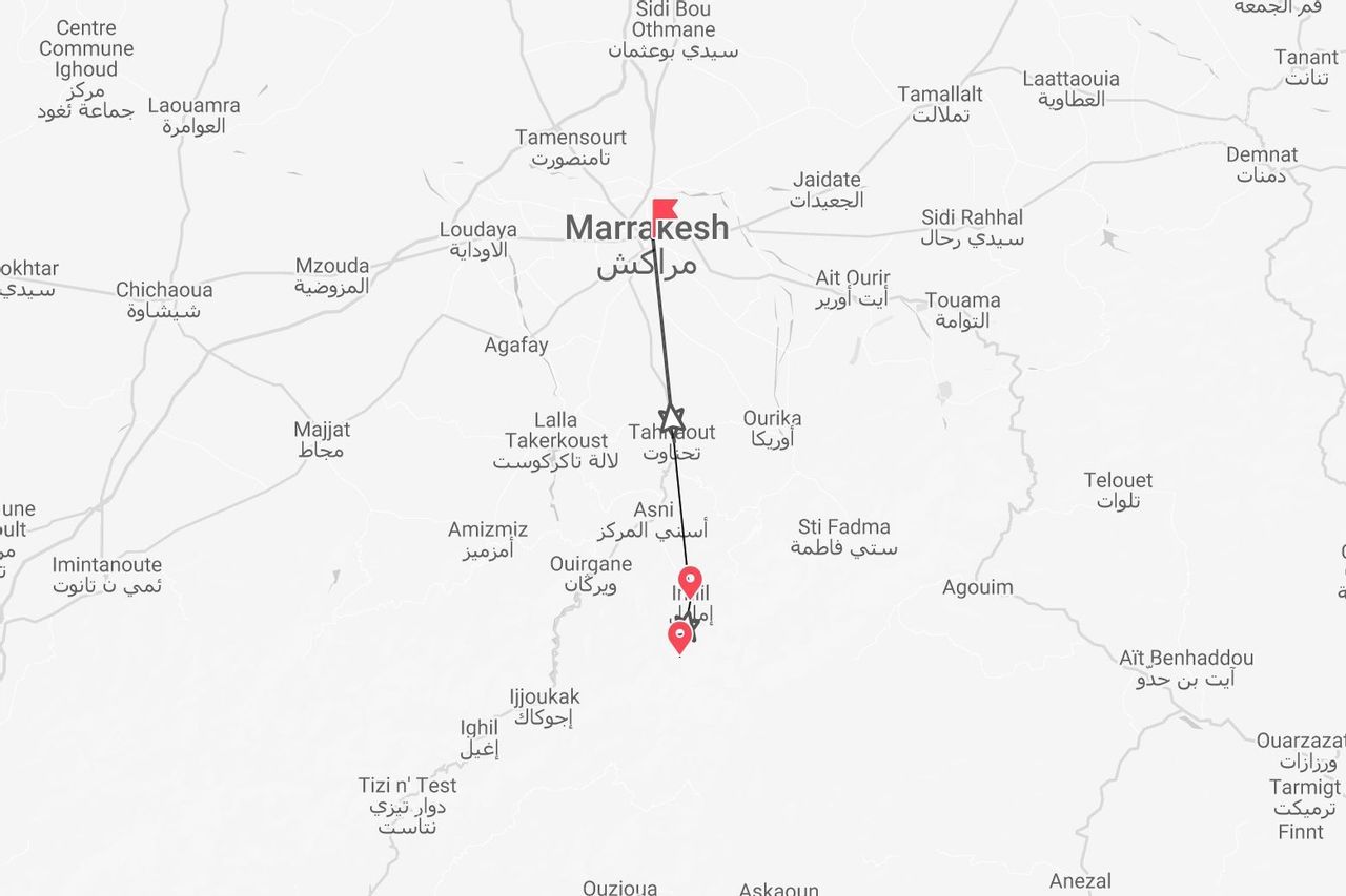 Un mapa de Marruecos mostrando una ruta de viaje que comienza en Marrakech y se dirige hacia el sur, hacia el pueblo de Imlil.