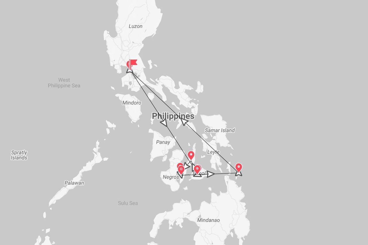 Un mapa de Filipinas mostrando un itinerario de viaje con una ruta marcada entre las islas de Luzón, Panay y Negros.