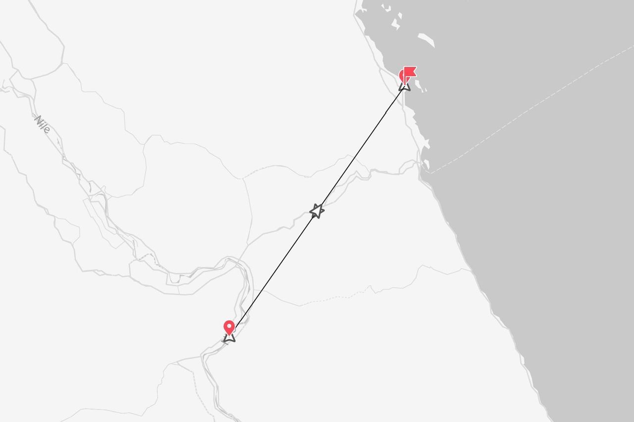 Un mapa minimalista que muestra una ruta de viaje desde el río Nilo hasta un destino costero, marcado con puntos de inicio y fin.
