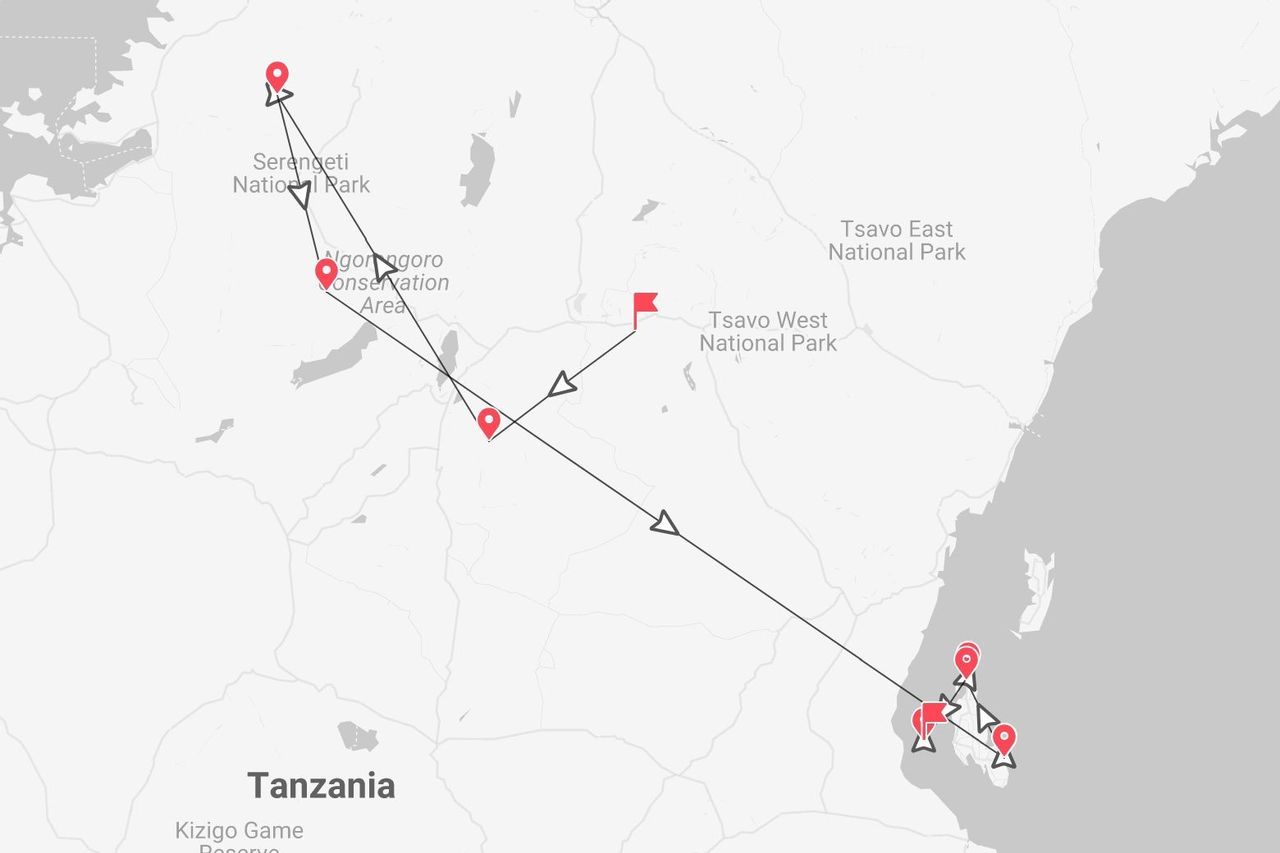 Un mapa que muestra un itinerario de viaje por Tanzania, desde el Parque Nacional Serengueti y Ngorongoro hasta la costa.