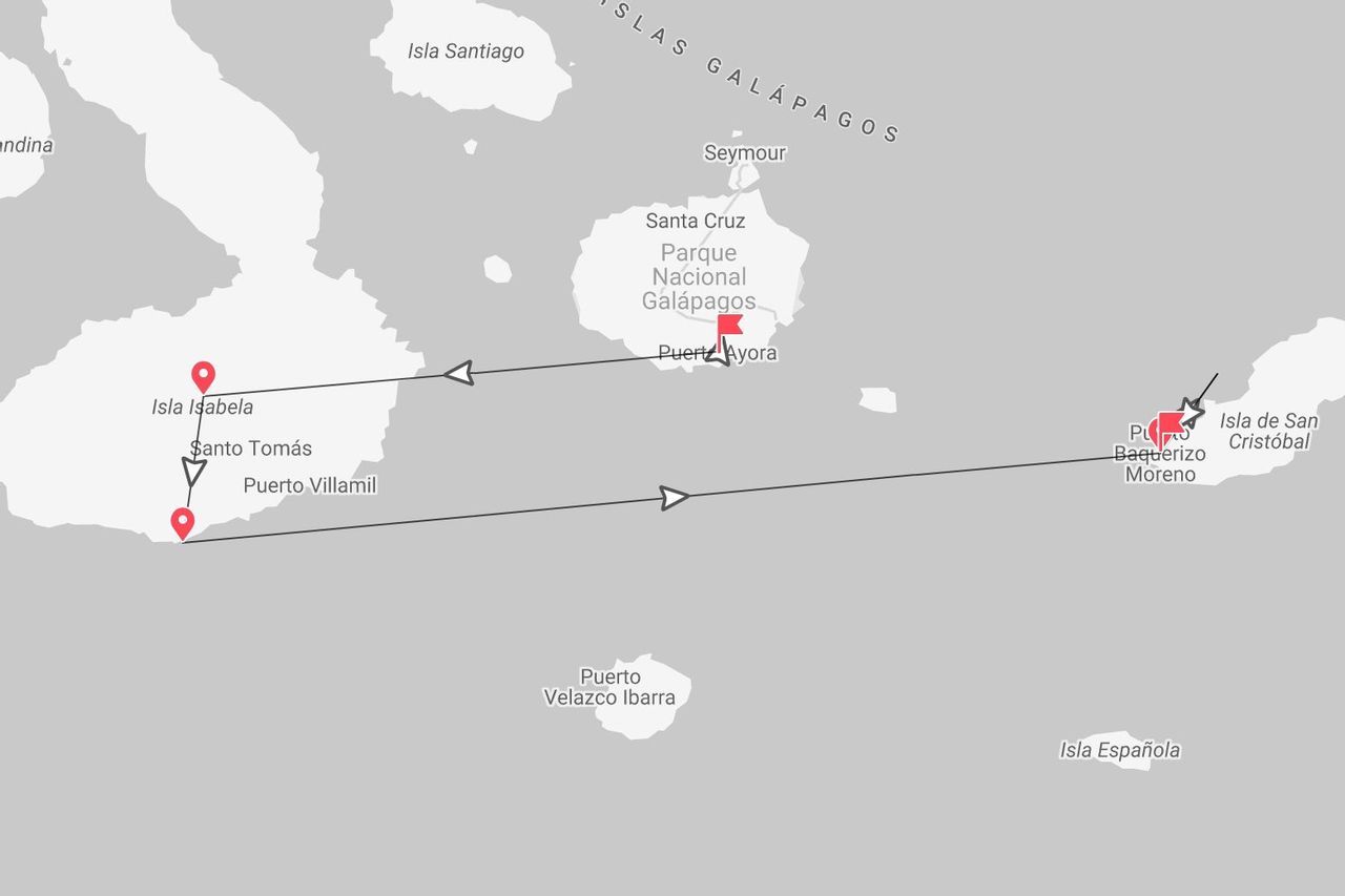 Un mapa de las Islas Galápagos que muestra un itinerario de viaje entre Isla Isabela, Santa Cruz y Isla de San Cristóbal.