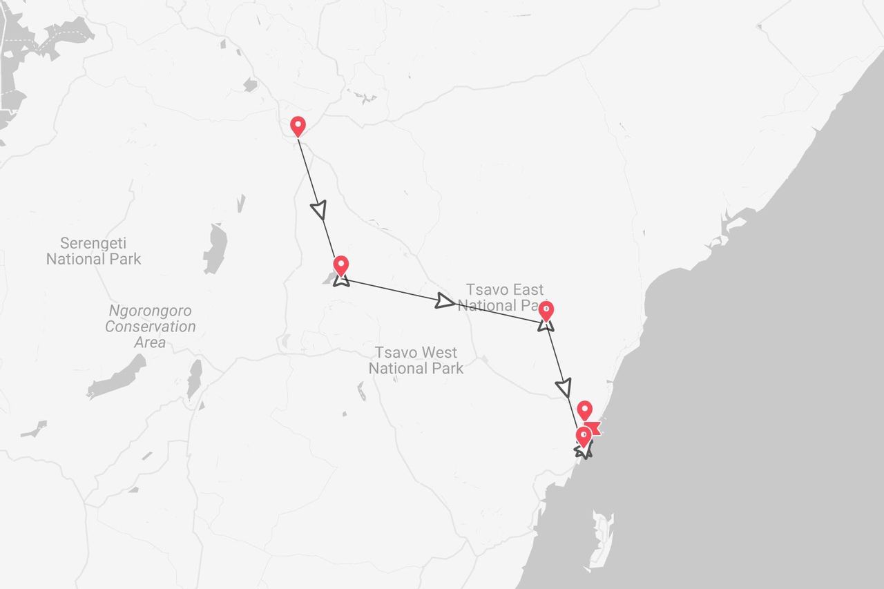 Un mapa que muestra un itinerario de viaje por el Parque Nacional Serengueti, el Área de Conservación de Ngorongoro y los Parques Nacionales Tsavo Este y Oeste.