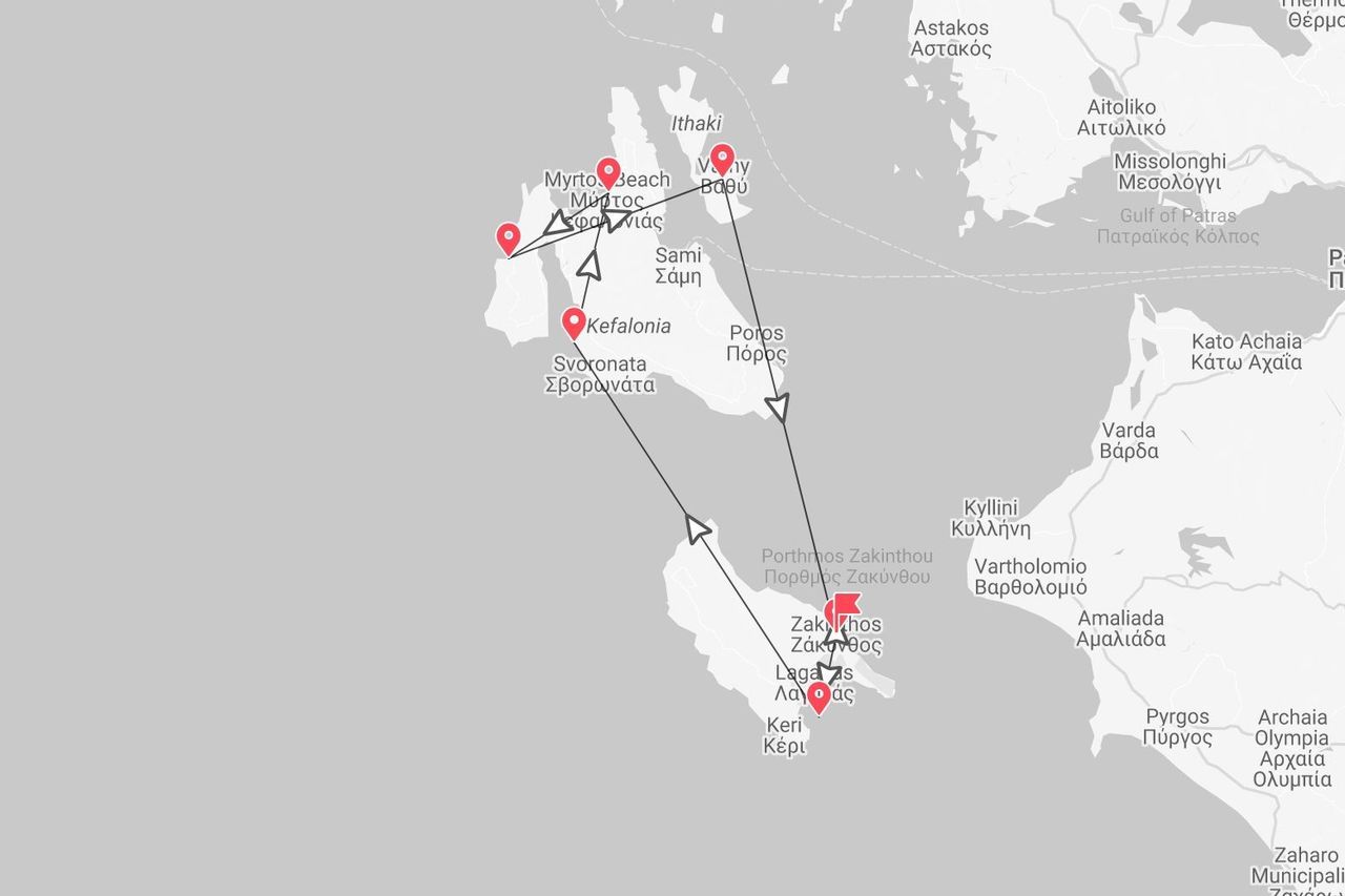 Un mapa que muestra un itinerario de viaje por las islas griegas de Cefalonia y Zante, con varias paradas marcadas.