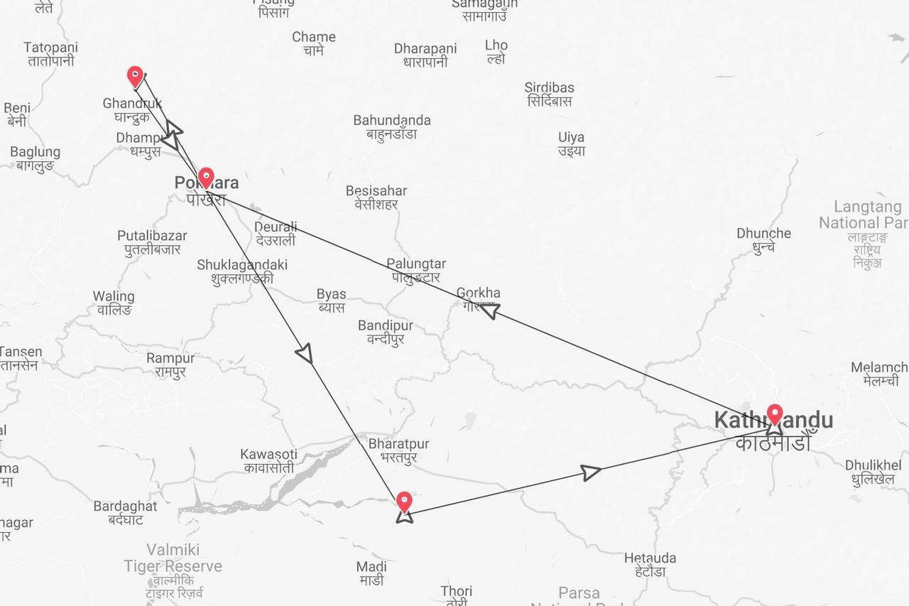 Mapa de Nepal con ruta de viaje: Katmandú, Pokhara, Ghandruk y Bharatpur.