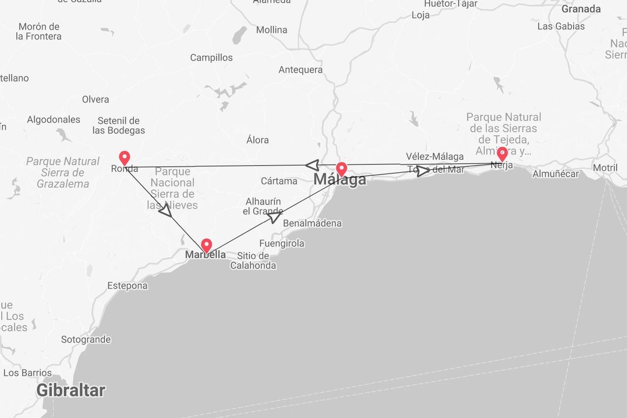 Mapa del sur de España con ruta de viaje conectando Málaga, Nerja, Ronda y Marbella.