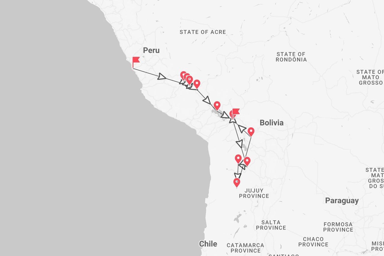 Un mapa que muestra un itinerario de viaje que comienza en Perú y recorre múltiples puntos en Bolivia.