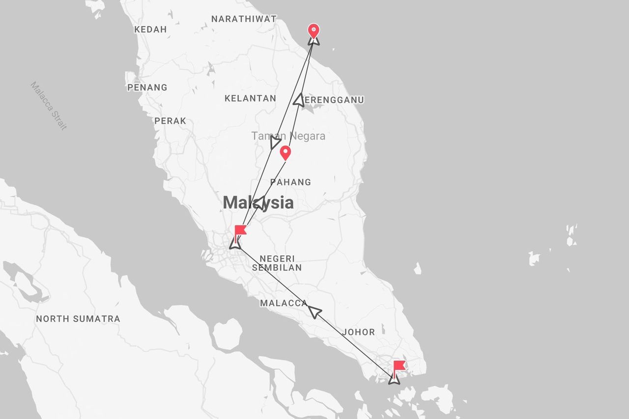 Un mapa de Malasia que muestra un itinerario de viaje con paradas en Kuala Lumpur, Taman Negara, las Islas Perhentian y Malaca.