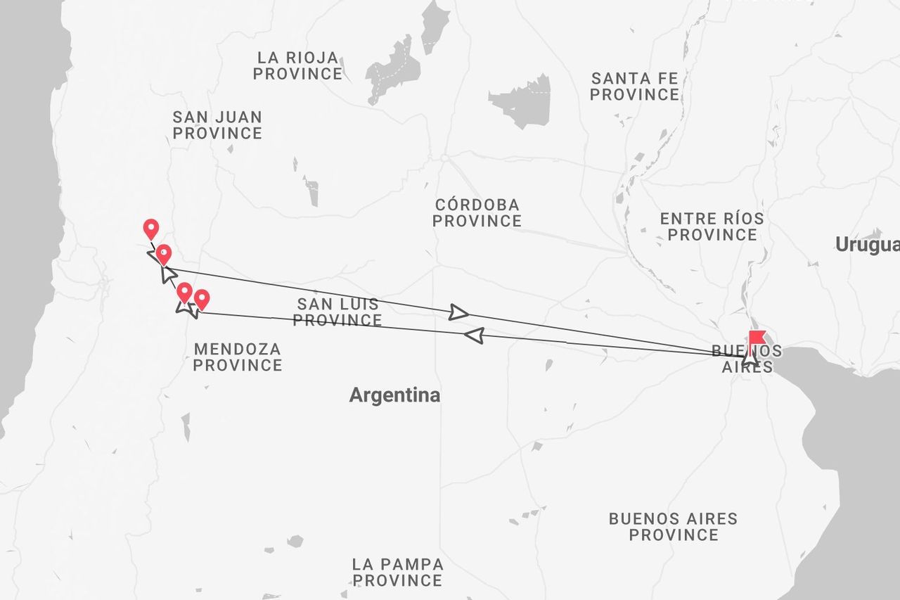 Mapa de Argentina con itinerario de viaje de Buenos Aires a las provincias de Mendoza y San Juan, pasando por San Luis.