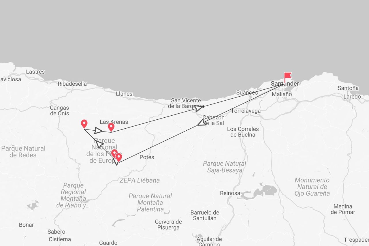 Mapa de un itinerario por el norte de España, con una ruta que conecta Santander con varios puntos del Parque Nacional de Picos de Europa.