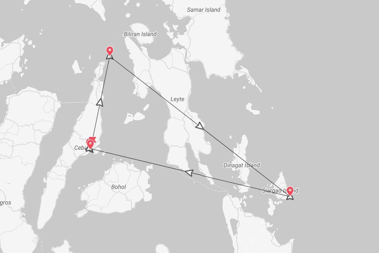 Un mapa de ruta de viaje en Filipinas que conecta Cebú, la Isla de Biliran y la Isla de Siargao, con líneas y marcadores de ubicación.