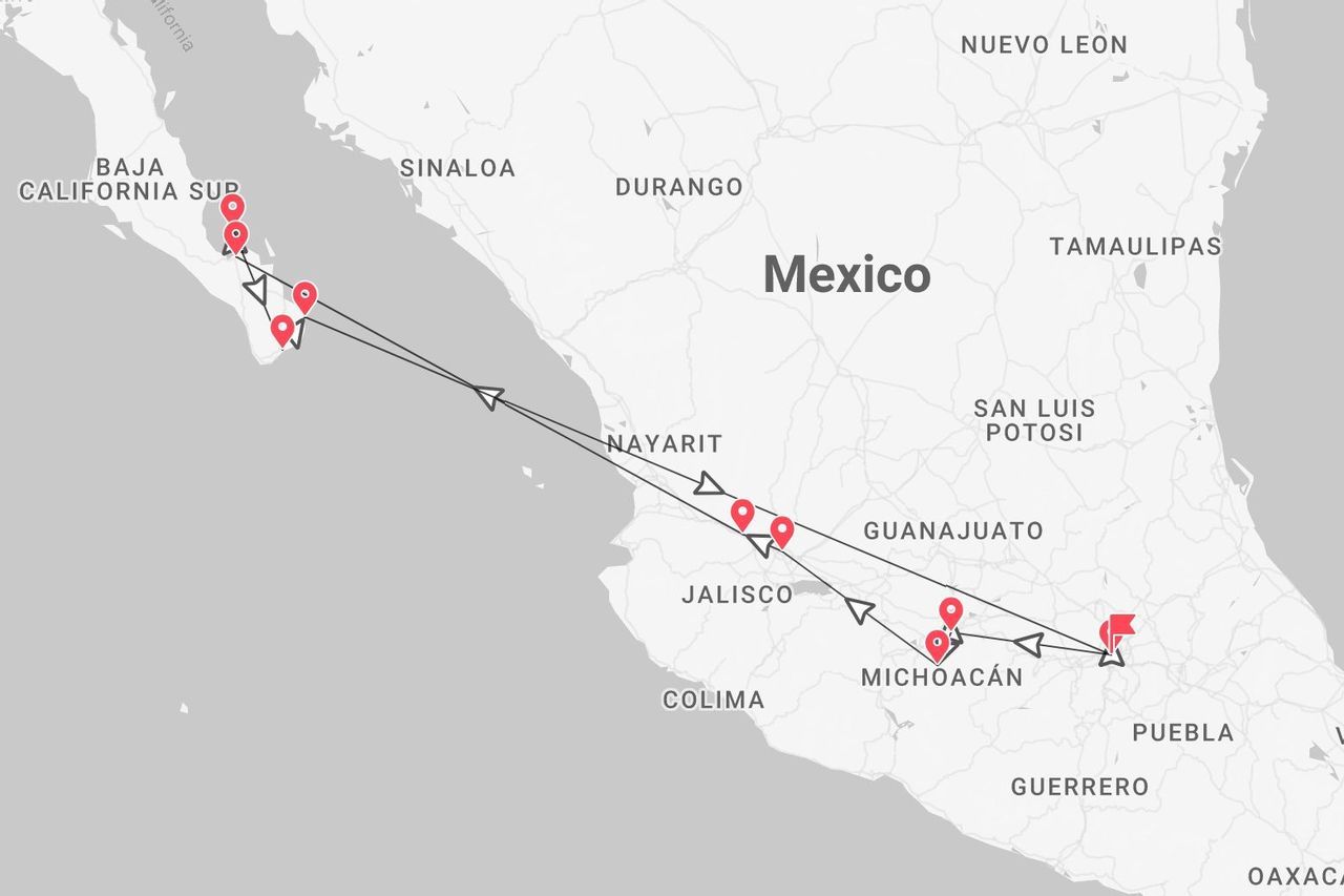 Un mapa de un itinerario de viaje por México, comenzando en Baja California Sur y pasando por Jalisco y Michoacán.