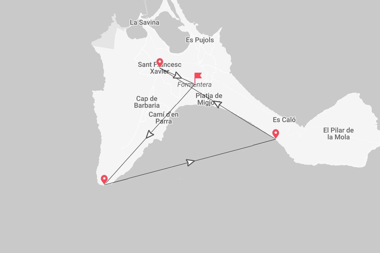 Un mapa simplificado de la isla de Formentera, mostrando una ruta que conecta Sant Francesc Xavier, Cap de Barbaria y Es Caló.