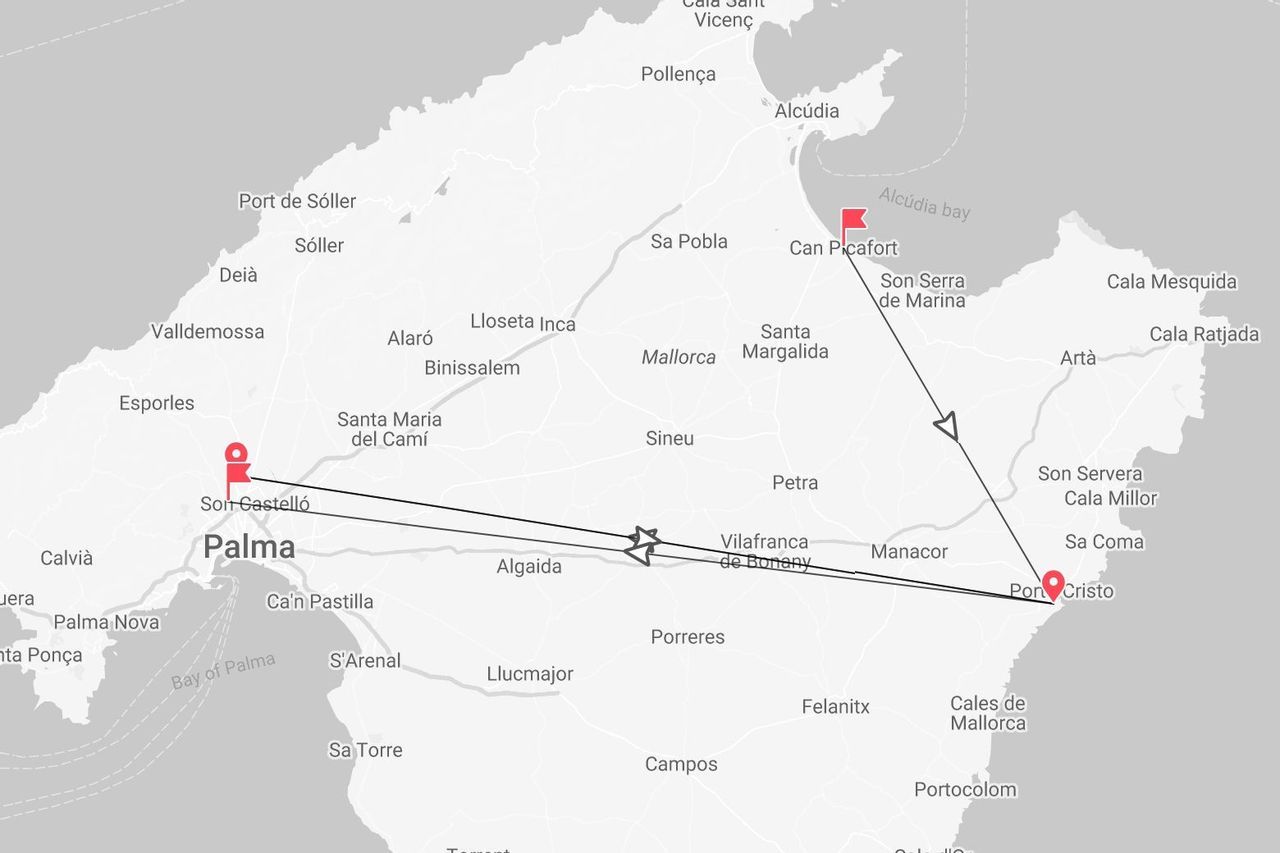 Mapa de Mallorca: ruta de viaje Palma, Can Picafort, Porto Cristo.