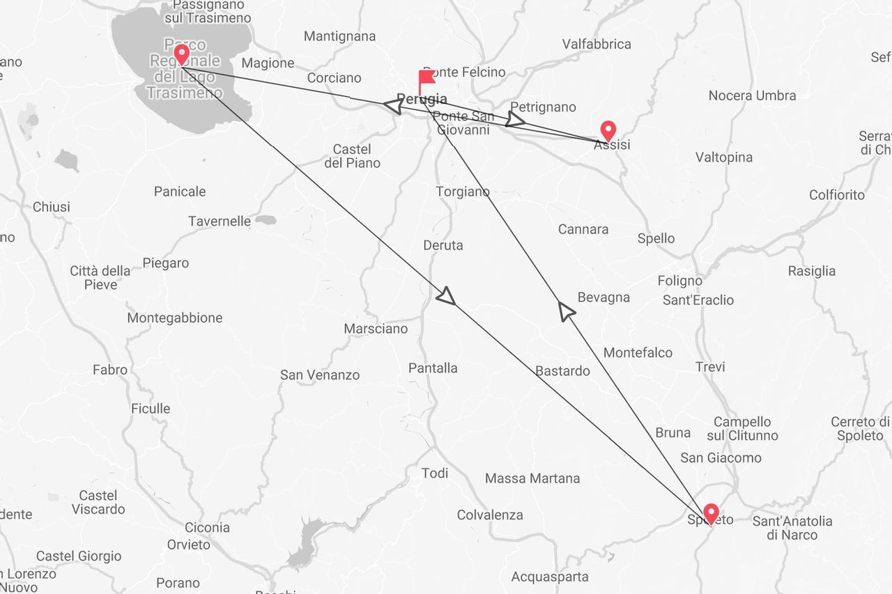 Un mapa en blanco y negro mostrando un itinerario de viaje en Umbría, Italia, con paradas en Lago Trasimeno, Perugia, Asís y Spoleto.