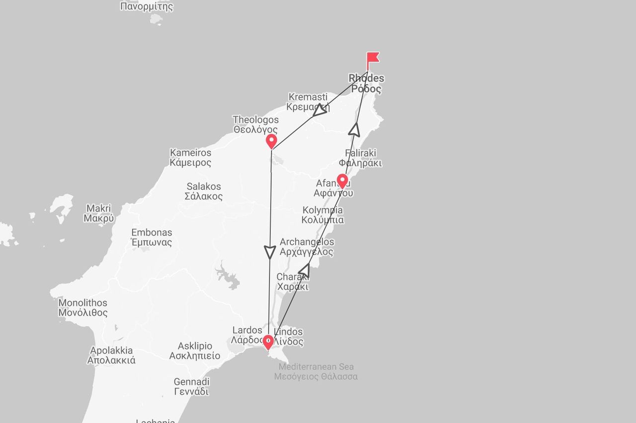 Mappa di Rodi, Grecia, che mostra un itinerario di viaggio con tappe a Faliraki, Arcangelo, Lindos e Lardos.