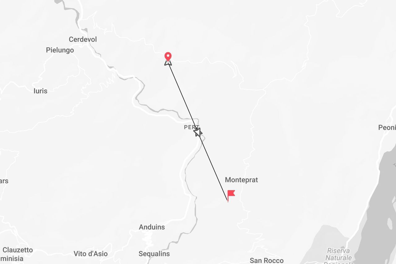 Una mappa che illustra un itinerario di viaggio tra due punti contrassegnati, passando nei pressi di località come Cerdevol, Monteprat e Anduins.