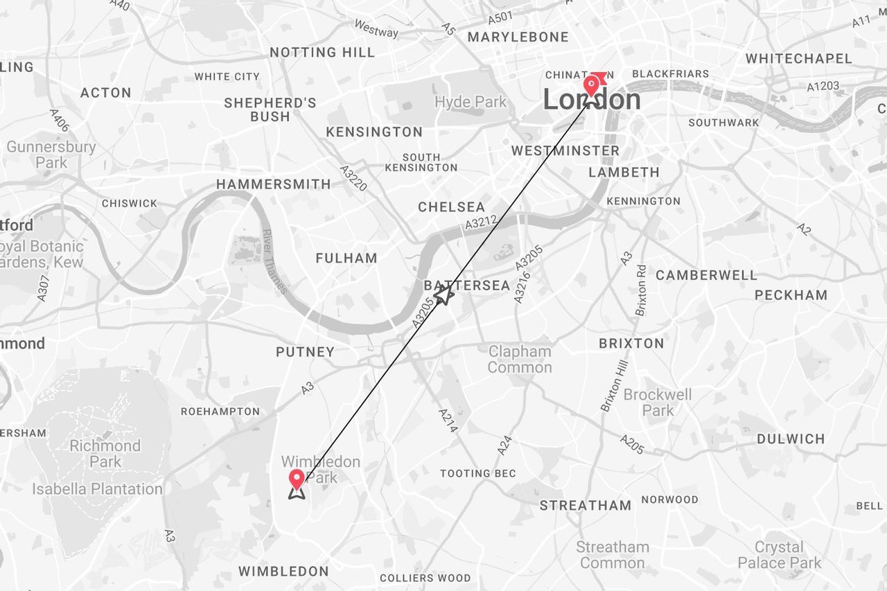 Una mappa in scala di grigi di Londra che mostra un percorso diretto tra Wimbledon Park e il centro città.