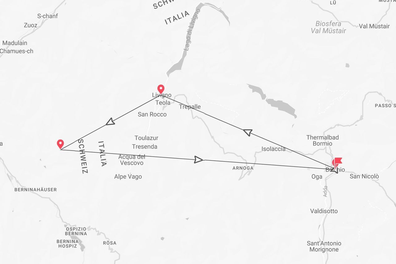 Mappa di un itinerario di viaggio triangolare tra Livigno e Bormio in Italia, e una località oltre confine in Svizzera.