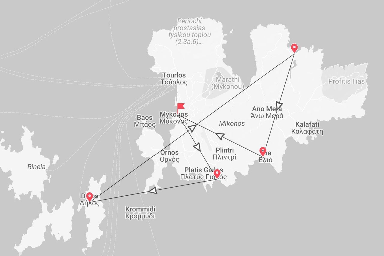 Una mappa grigia che mostra un itinerario di viaggio per le isole greche di Mykonos e Delos, con i luoghi chiave segnati.
