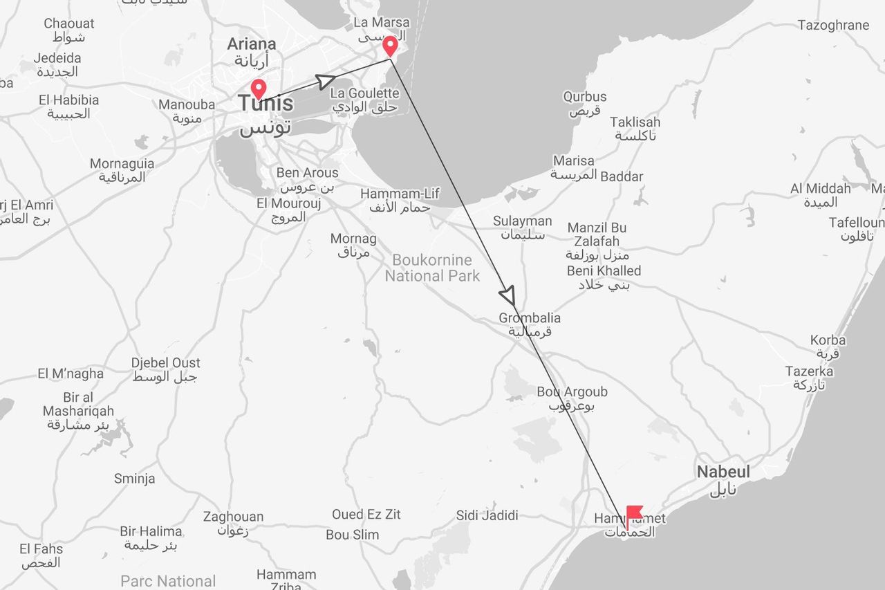Una mappa della Tunisia settentrionale che mostra un itinerario di viaggio che parte da Tunisi, passa per La Marsa e termina ad Hammamet.