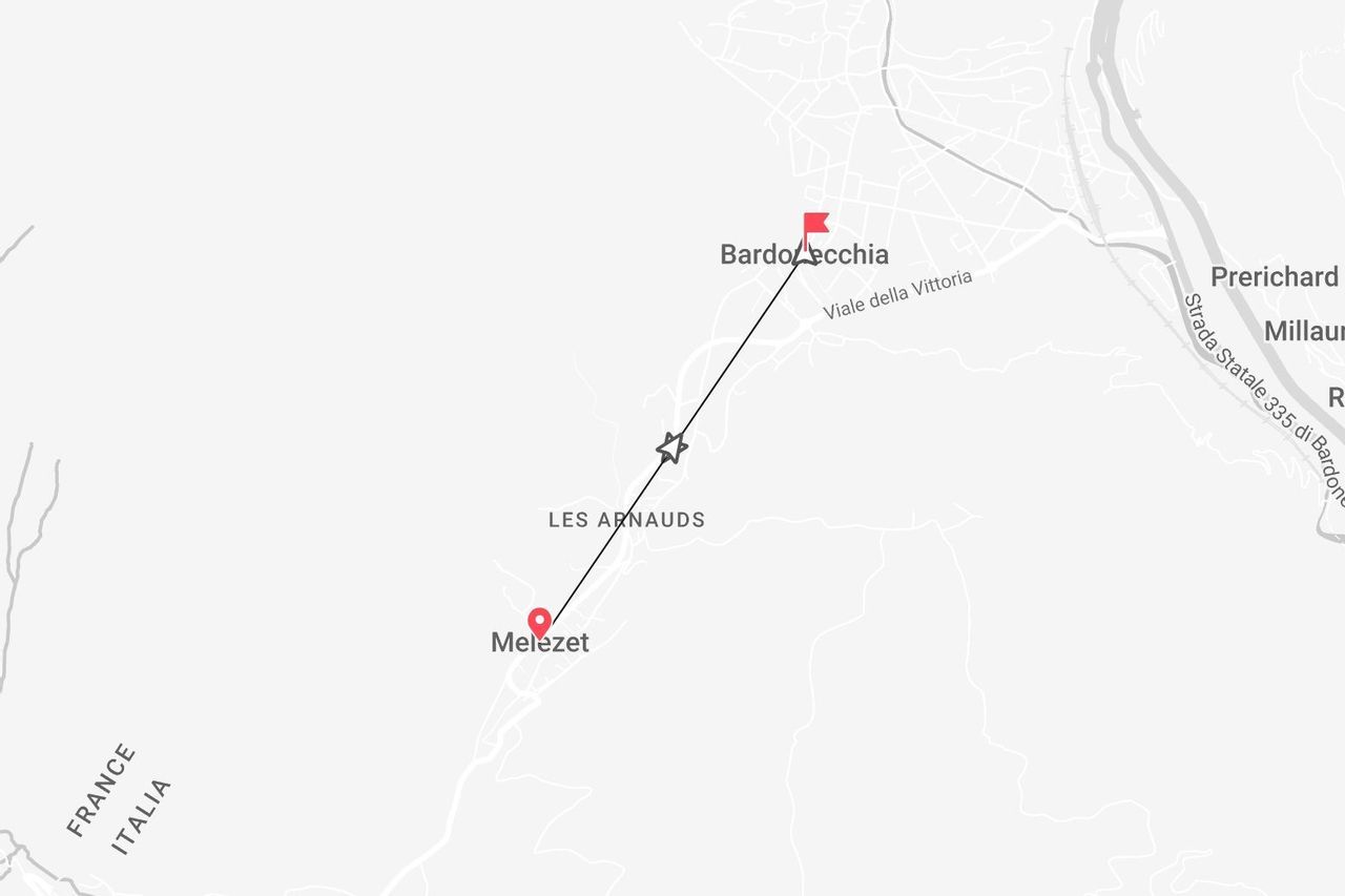 Una mappa che mostra un itinerario di viaggio in Italia da Melezet a Bardonecchia, passando per Les Arnauds.