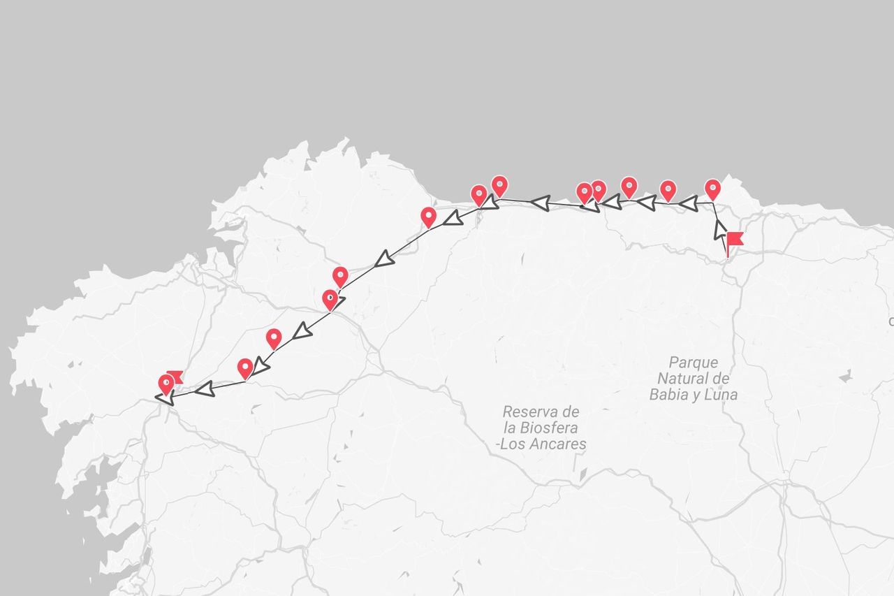 Mappa di un itinerario di viaggio segnato con puntine rosse nella Spagna settentrionale, vicino ai parchi di Los Ancares e Babia y Luna.