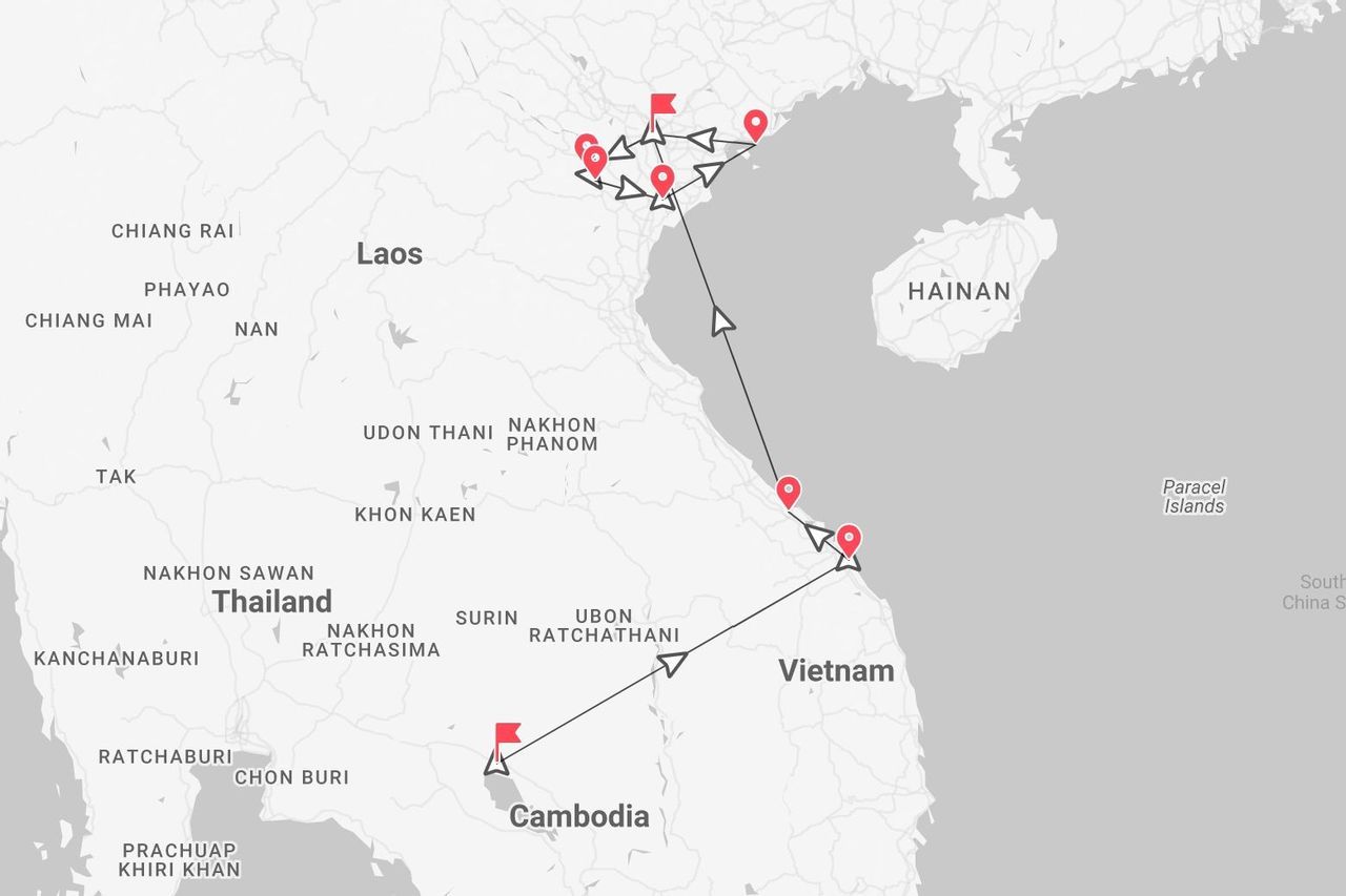 Mappa di un itinerario di viaggio da Cambogia a Vietnam centrale e settentrionale.