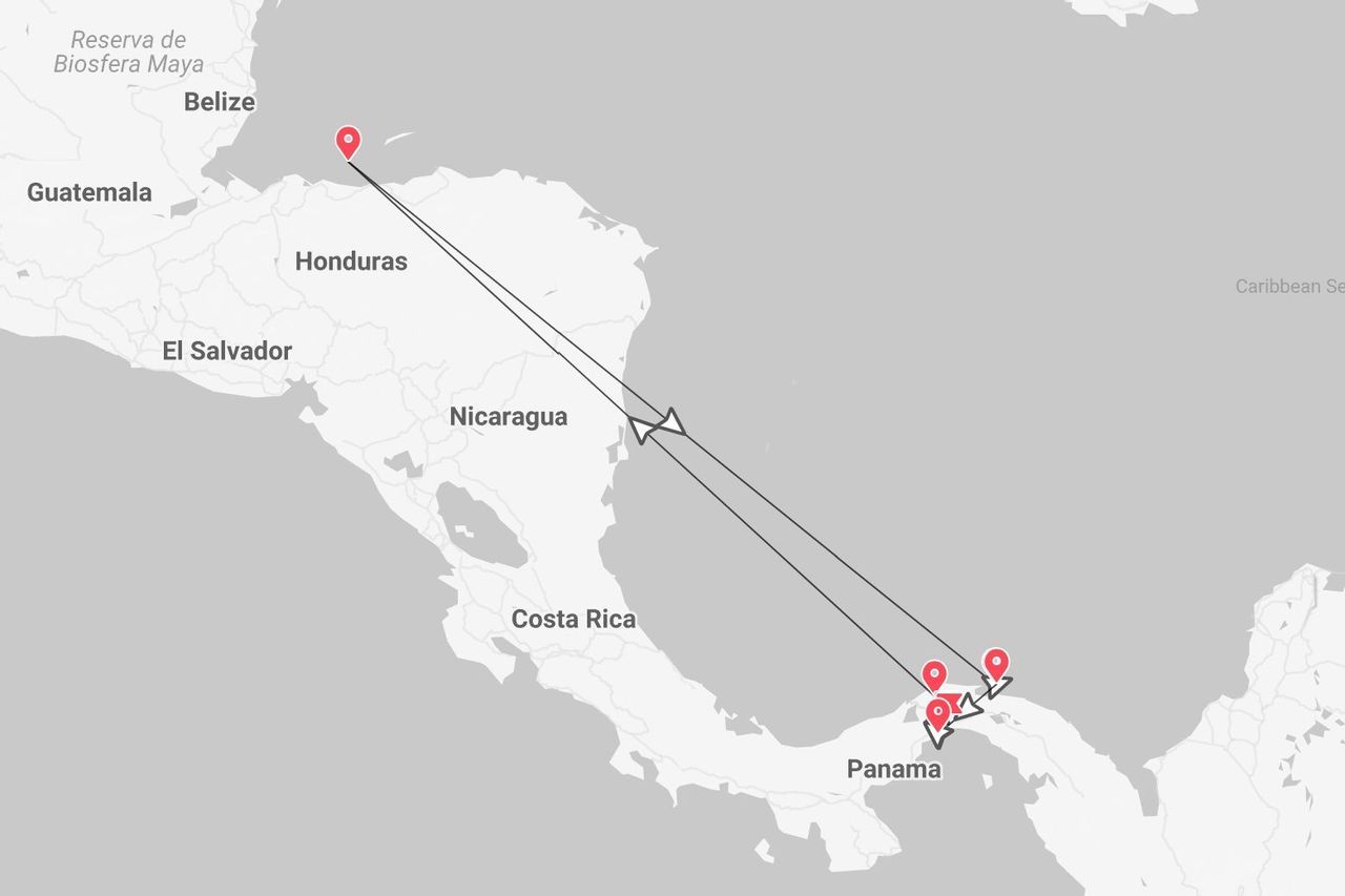 Una mappa dell'America Centrale che mostra un itinerario di viaggio con tappe in Belize e Panama.