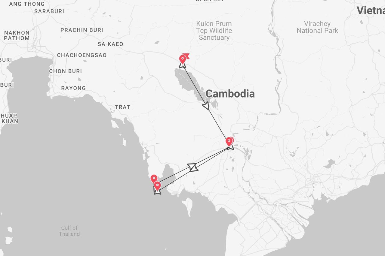 Una mappa che mostra un itinerario di viaggio attraverso la Cambogia, con indicatori di percorso che partono dal nord e terminano sulla costa del Golfo di Thailandia.