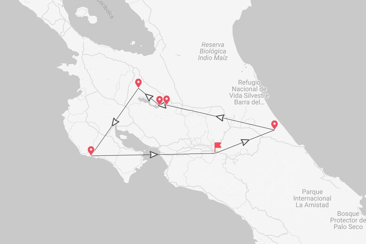 Una mappa che illustra un itinerario di viaggio in Costa Rica, mettendo in evidenza parchi nazionali come La Amistad e la Reserva Biológica Indio Maíz.